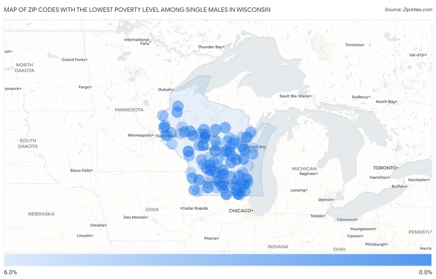Zip Codes with the Lowest Poverty Level Among Single Males in Wisconsin Map