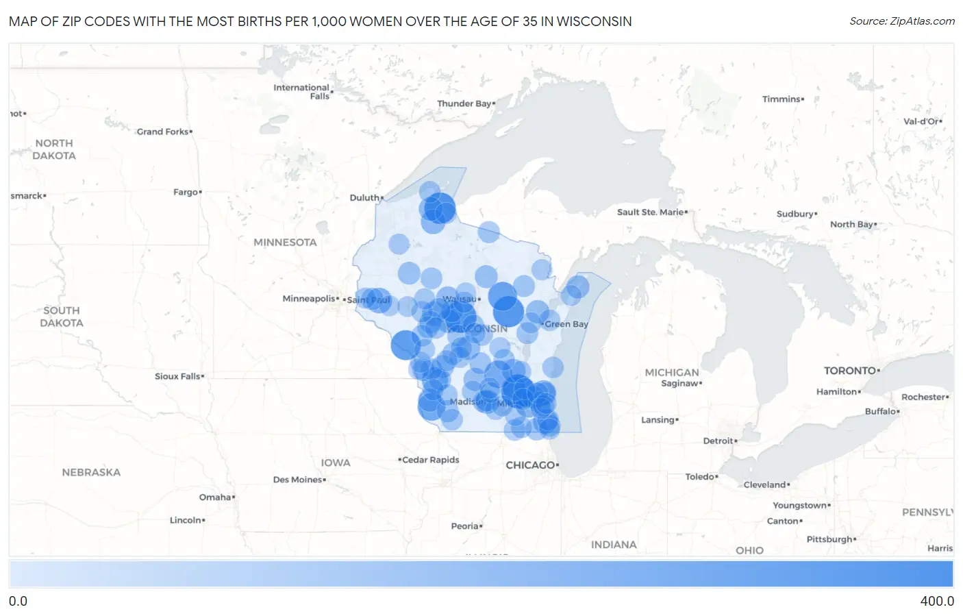Zip Codes with the Most Births per 1,000 Women Over the Age of 35 in Wisconsin Map