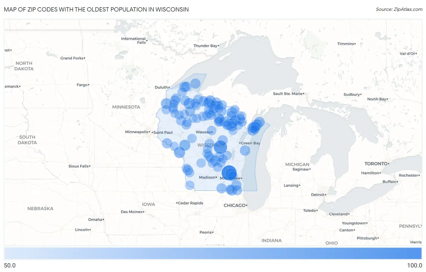Zip Codes with the Oldest Population in Wisconsin Map