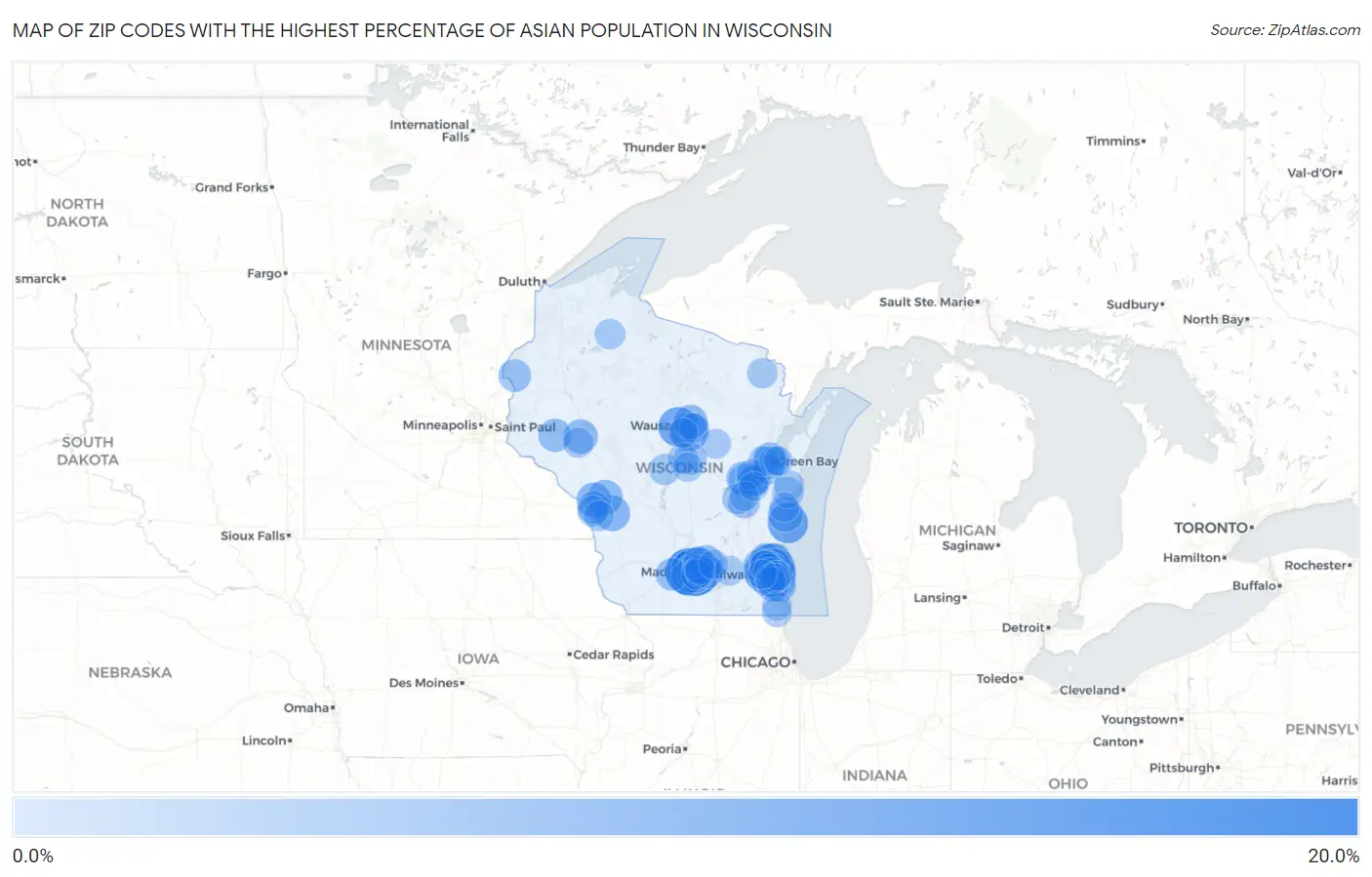 Zip Codes with the Highest Percentage of Asian Population in Wisconsin Map