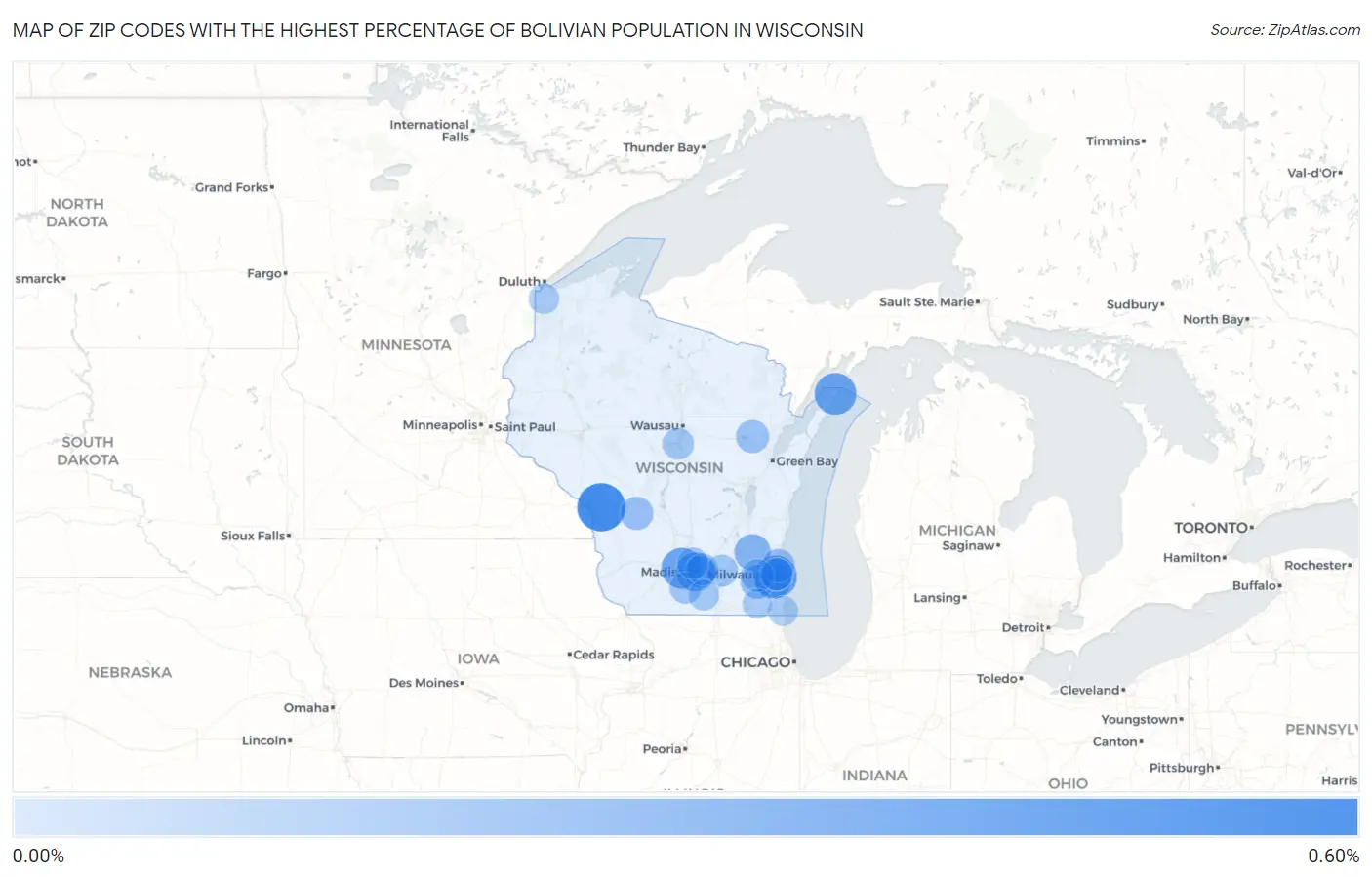 Zip Codes with the Highest Percentage of Bolivian Population in Wisconsin Map