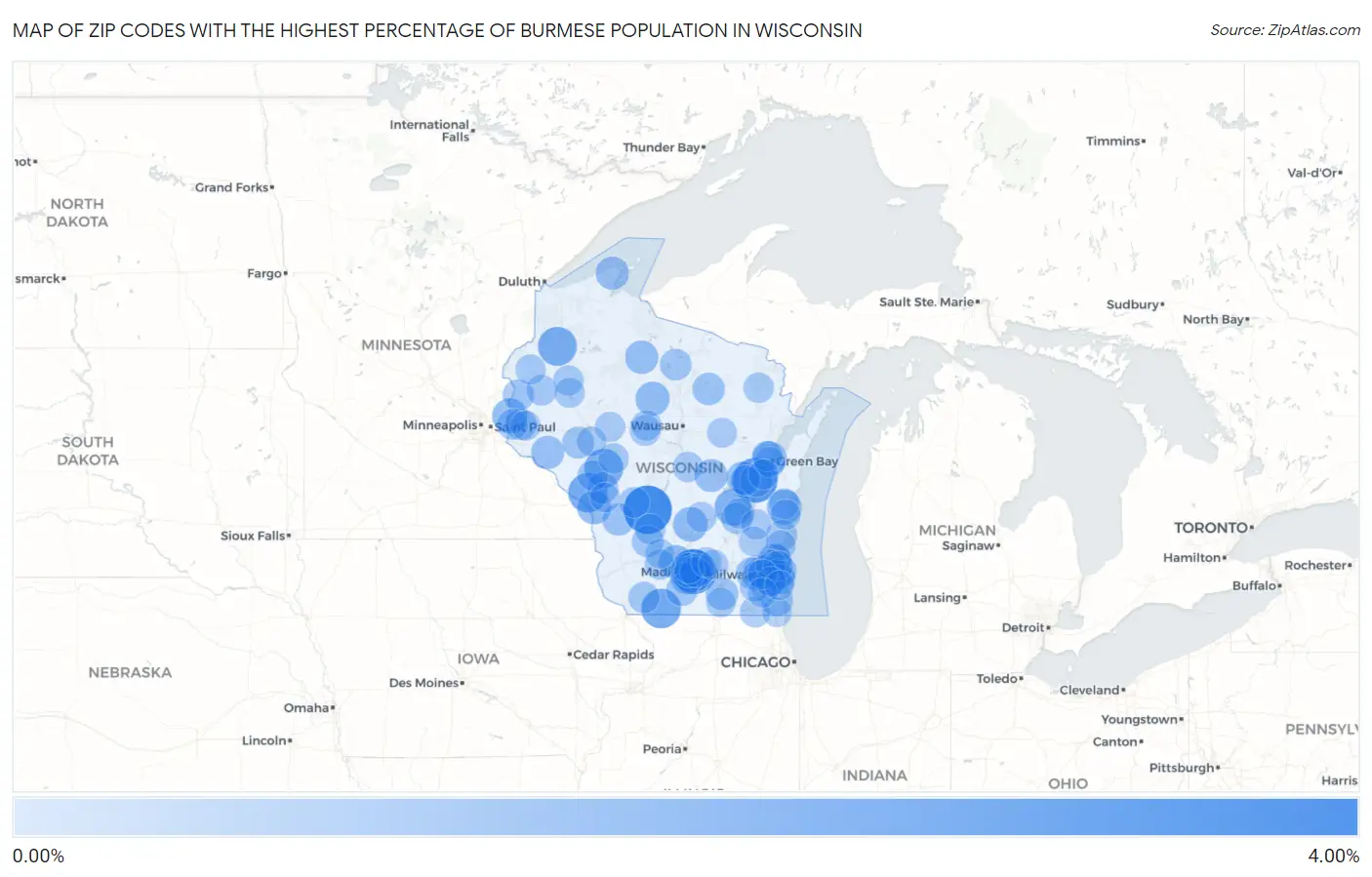 Zip Codes with the Highest Percentage of Burmese Population in Wisconsin Map