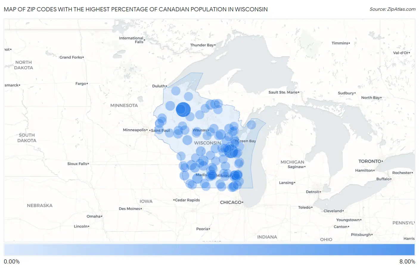 Zip Codes with the Highest Percentage of Canadian Population in Wisconsin Map