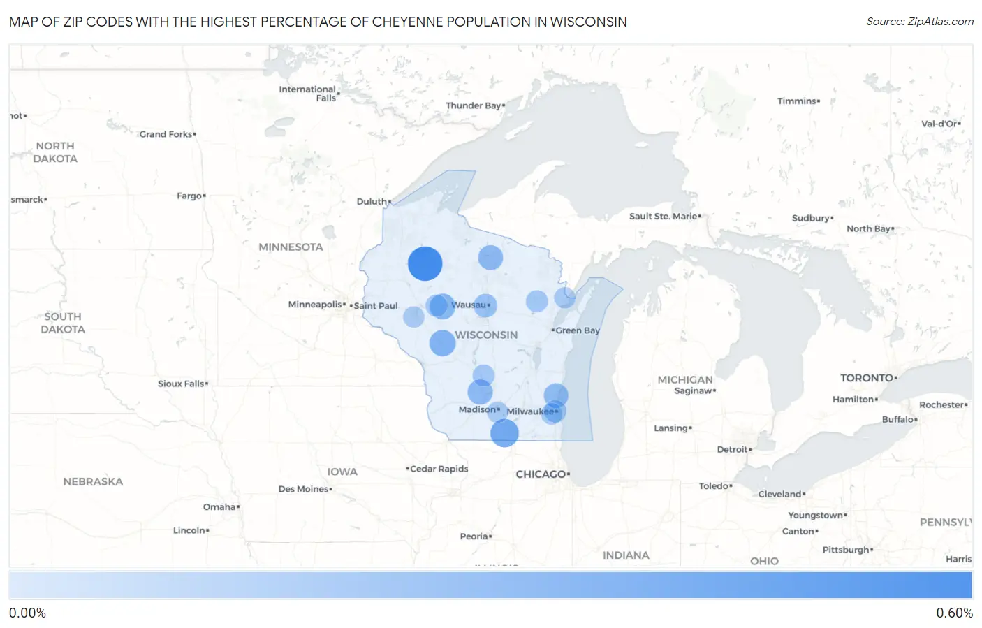 Zip Codes with the Highest Percentage of Cheyenne Population in Wisconsin Map