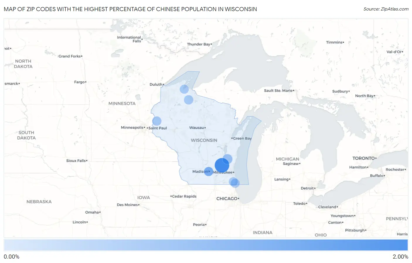 Zip Codes with the Highest Percentage of Chinese Population in Wisconsin Map