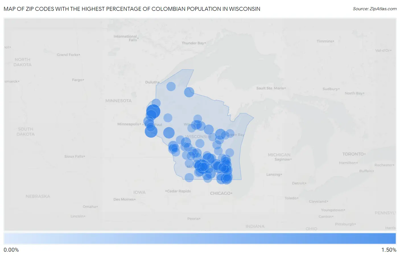 Zip Codes with the Highest Percentage of Colombian Population in Wisconsin Map