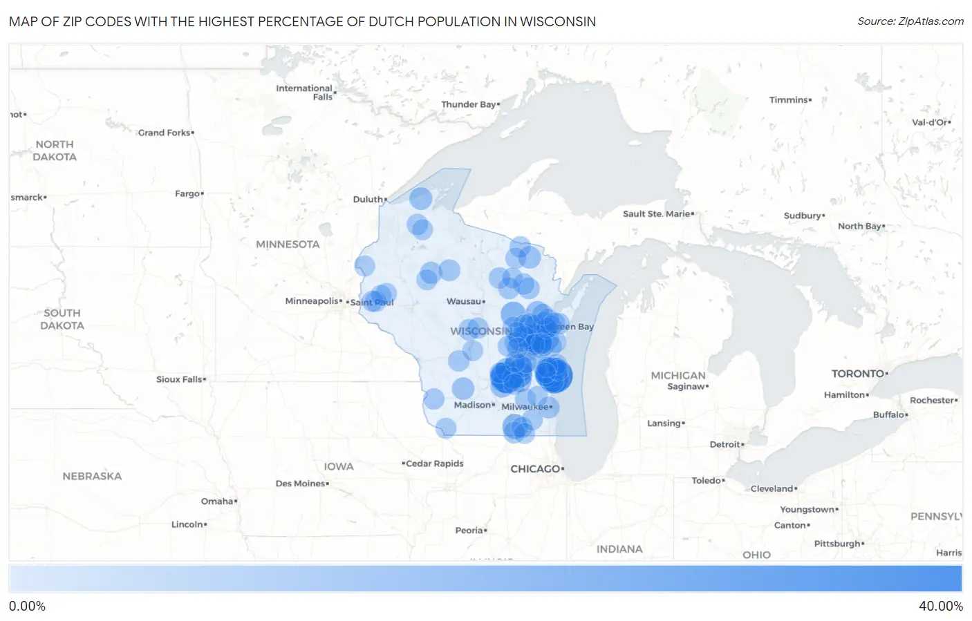 Zip Codes with the Highest Percentage of Dutch Population in Wisconsin Map