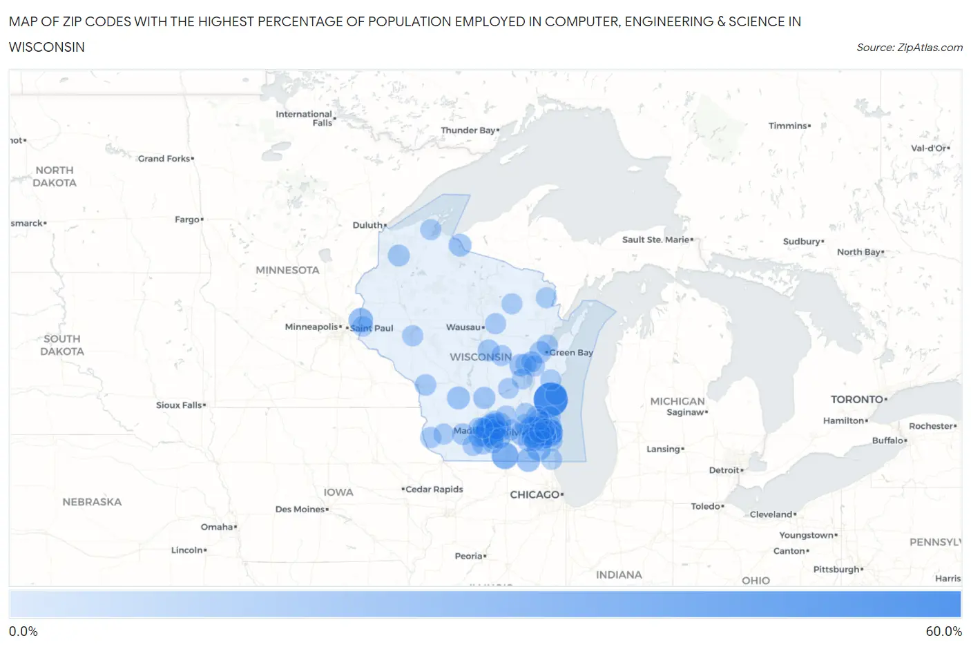 Zip Codes with the Highest Percentage of Population Employed in Computer, Engineering & Science in Wisconsin Map