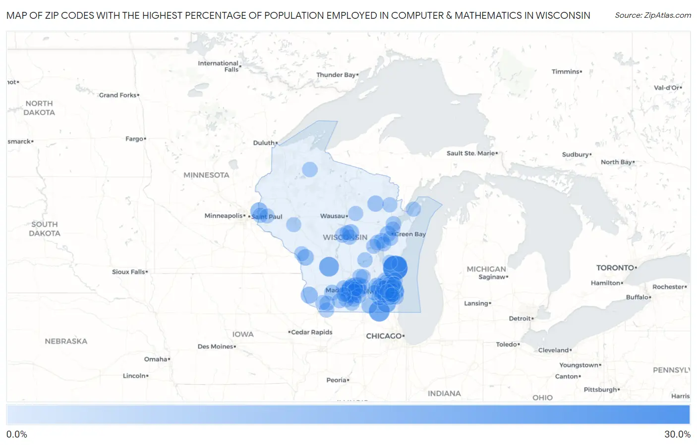 Zip Codes with the Highest Percentage of Population Employed in Computer & Mathematics in Wisconsin Map
