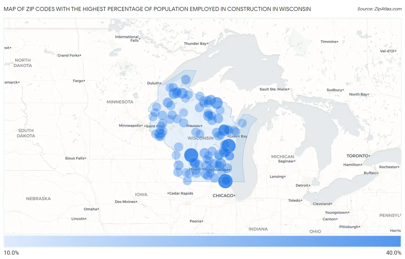 Zip Codes with the Highest Percentage of Population Employed in Construction in Wisconsin Map