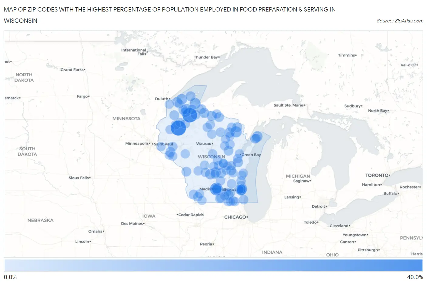 Zip Codes with the Highest Percentage of Population Employed in Food Preparation & Serving in Wisconsin Map