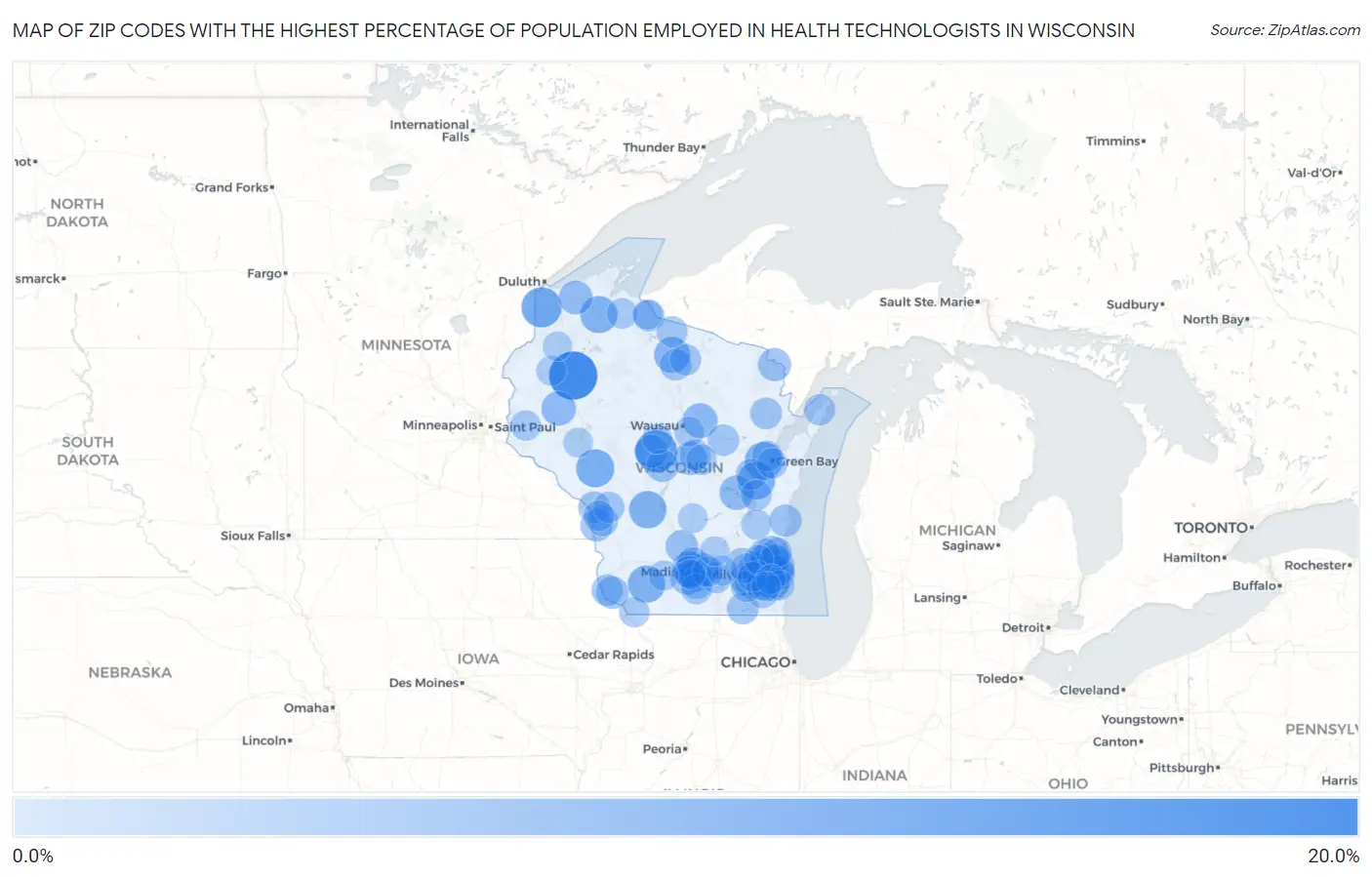 Zip Codes with the Highest Percentage of Population Employed in Health Technologists in Wisconsin Map