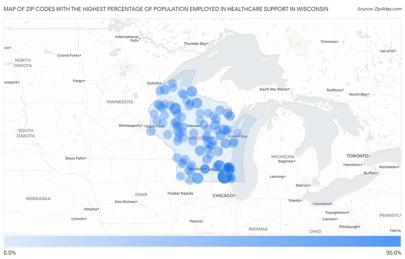 Zip Codes with the Highest Percentage of Population Employed in Healthcare Support in Wisconsin Map