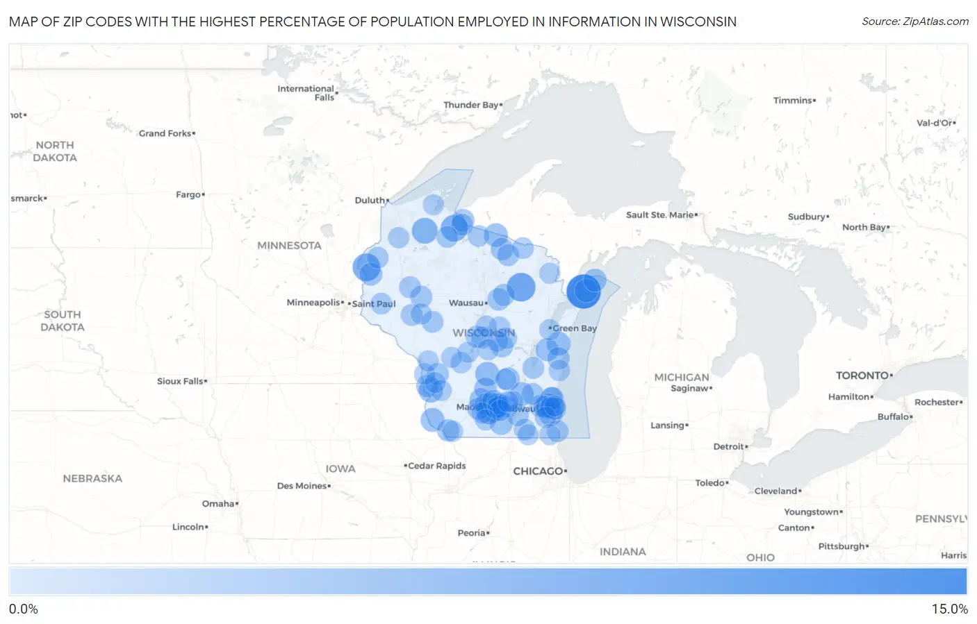 Zip Codes with the Highest Percentage of Population Employed in Information in Wisconsin Map
