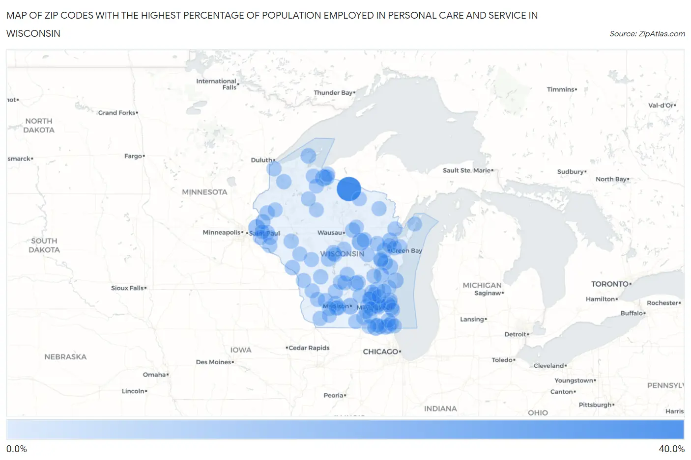Zip Codes with the Highest Percentage of Population Employed in Personal Care and Service in Wisconsin Map