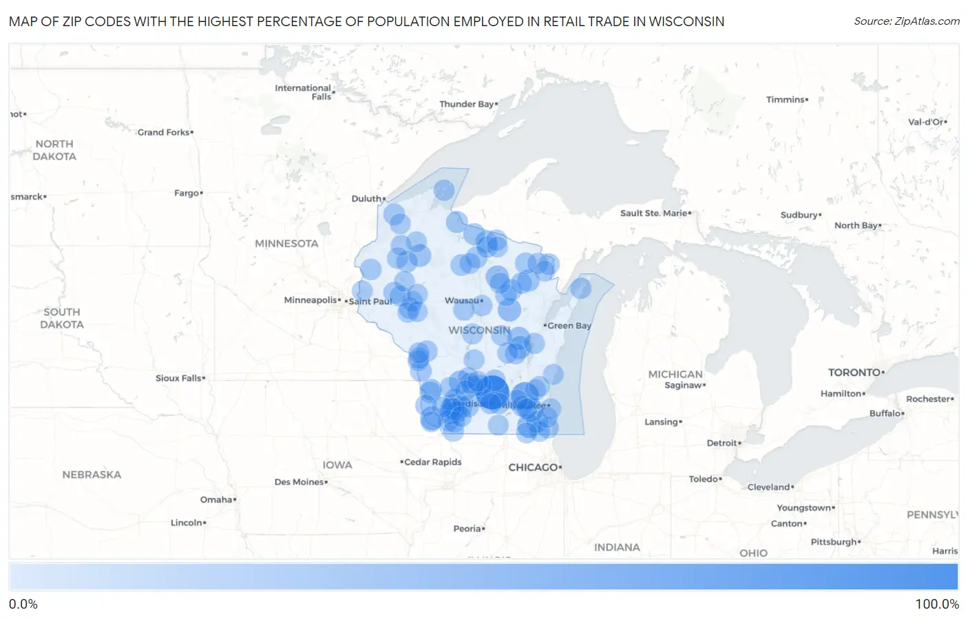 Zip Codes with the Highest Percentage of Population Employed in Retail Trade in Wisconsin Map