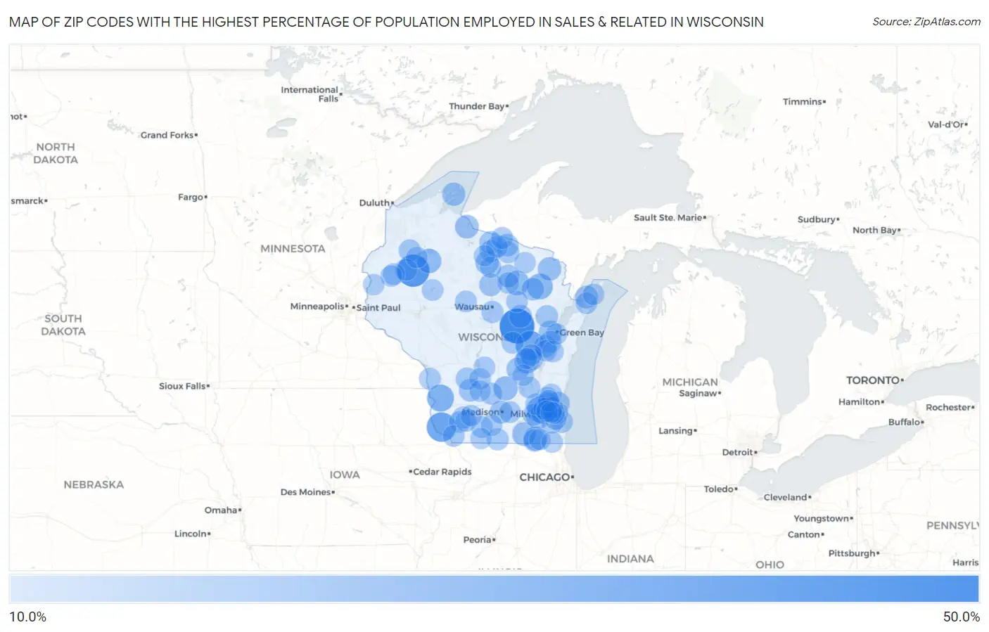 Zip Codes with the Highest Percentage of Population Employed in Sales & Related in Wisconsin Map