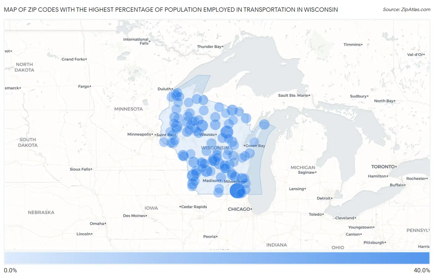 Zip Codes with the Highest Percentage of Population Employed in Transportation in Wisconsin Map