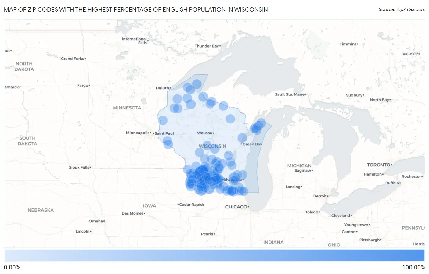 Zip Codes with the Highest Percentage of English Population in Wisconsin Map