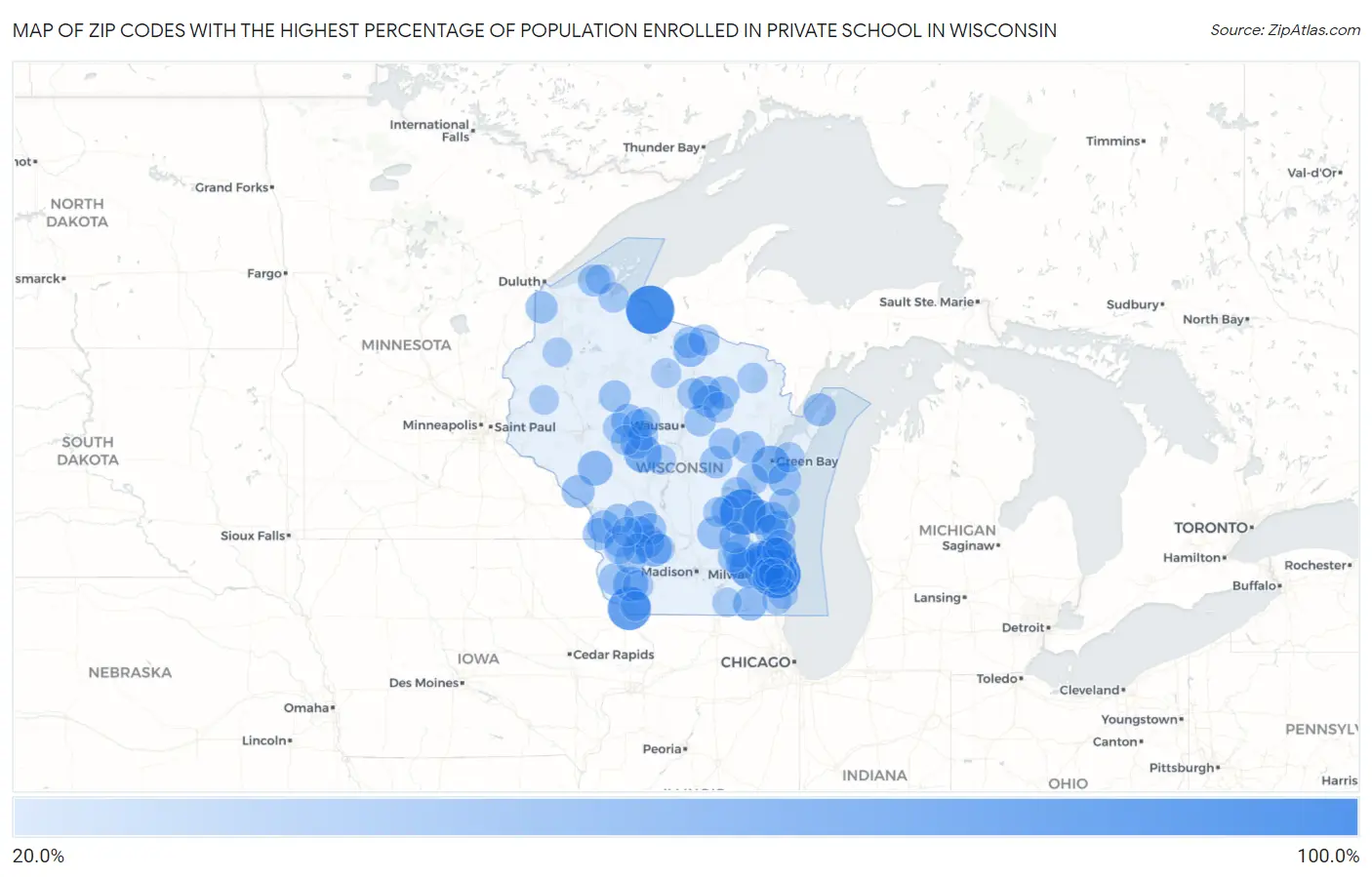 Zip Codes with the Highest Percentage of Population Enrolled in Private School in Wisconsin Map