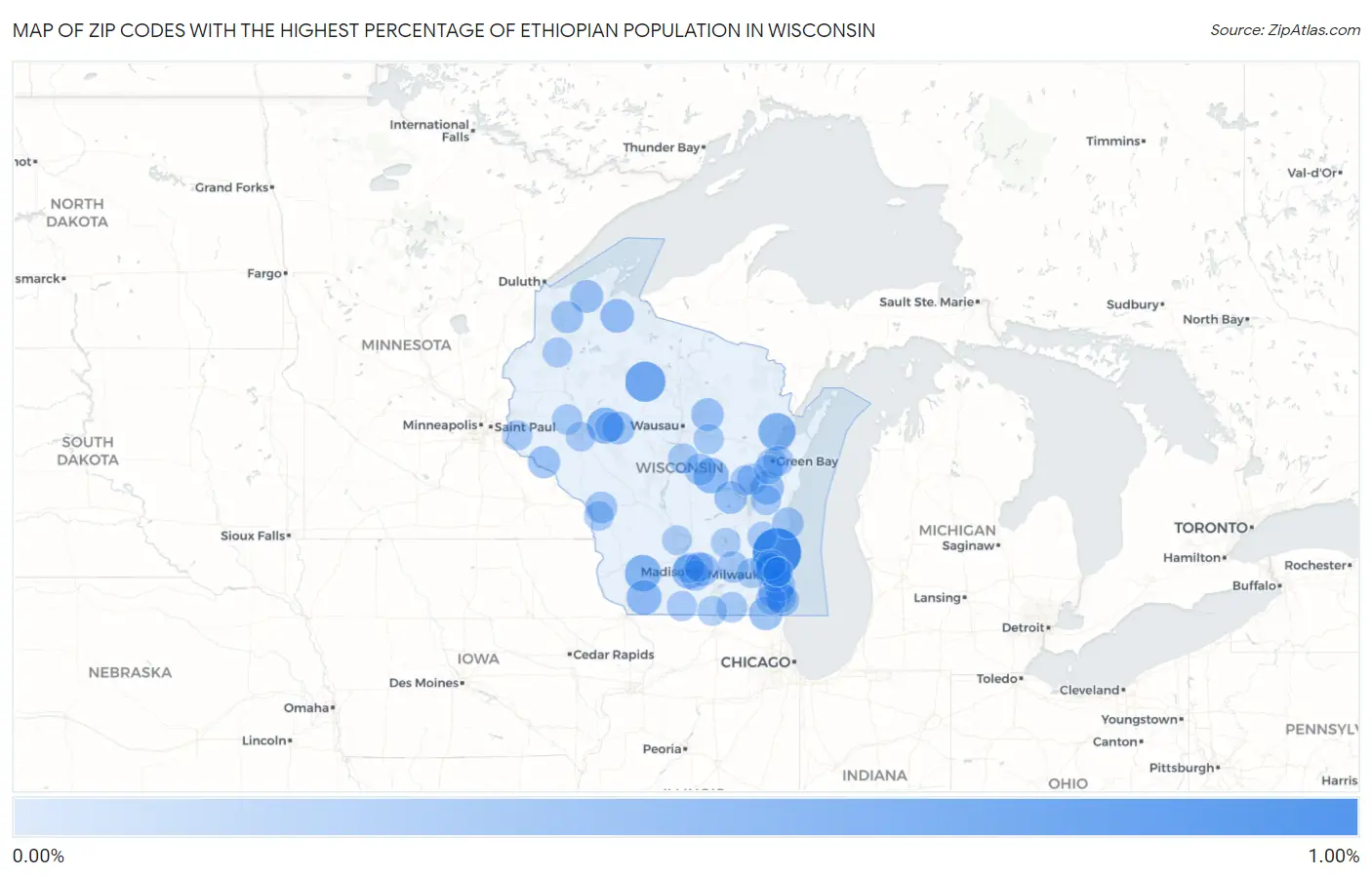 Zip Codes with the Highest Percentage of Ethiopian Population in Wisconsin Map