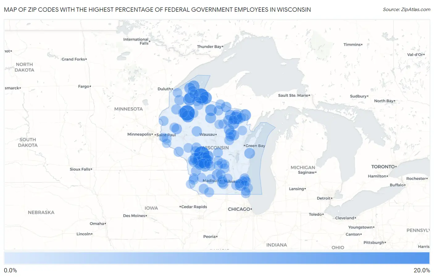 Zip Codes with the Highest Percentage of Federal Government Employees in Wisconsin Map