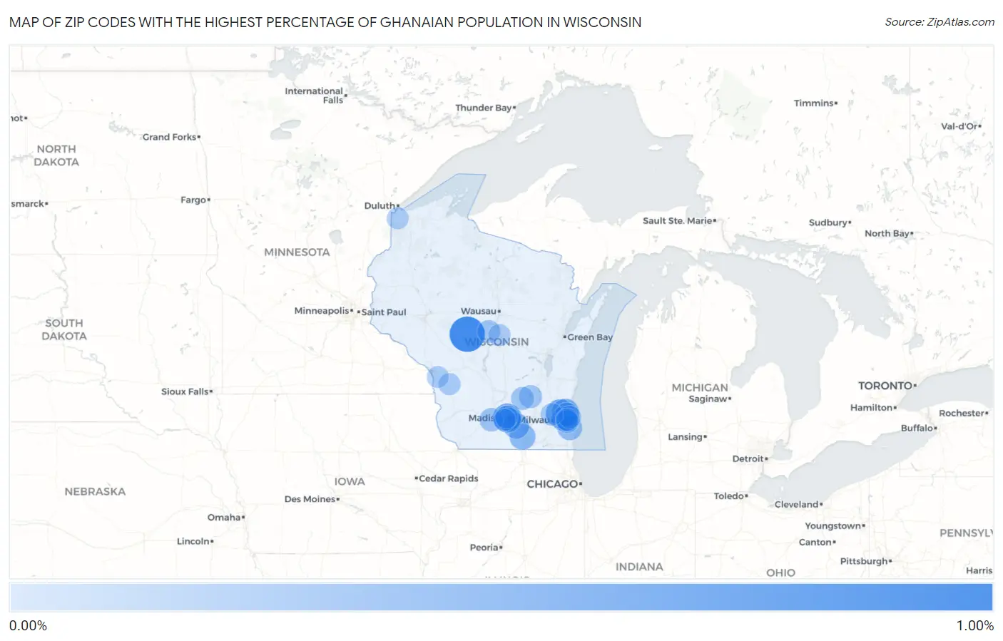Zip Codes with the Highest Percentage of Ghanaian Population in Wisconsin Map