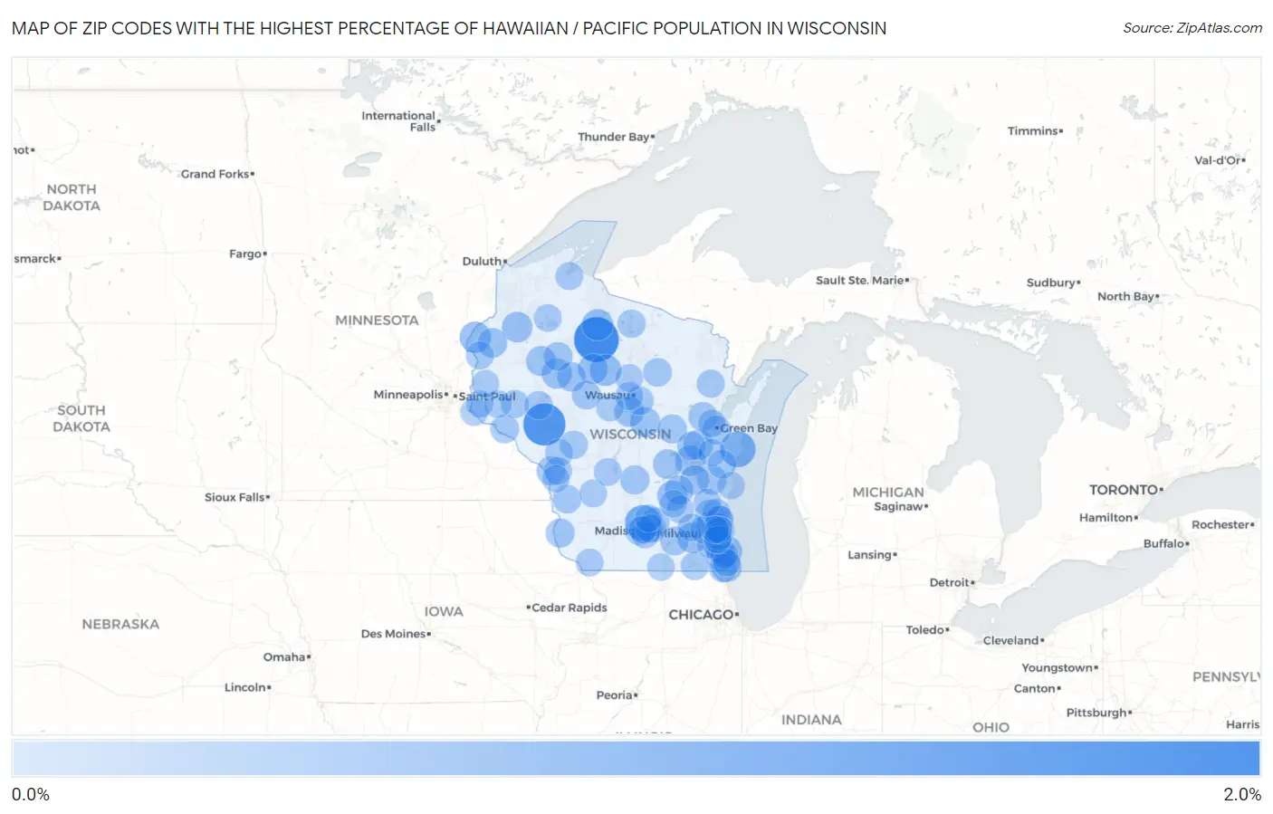 Zip Codes with the Highest Percentage of Hawaiian / Pacific Population in Wisconsin Map