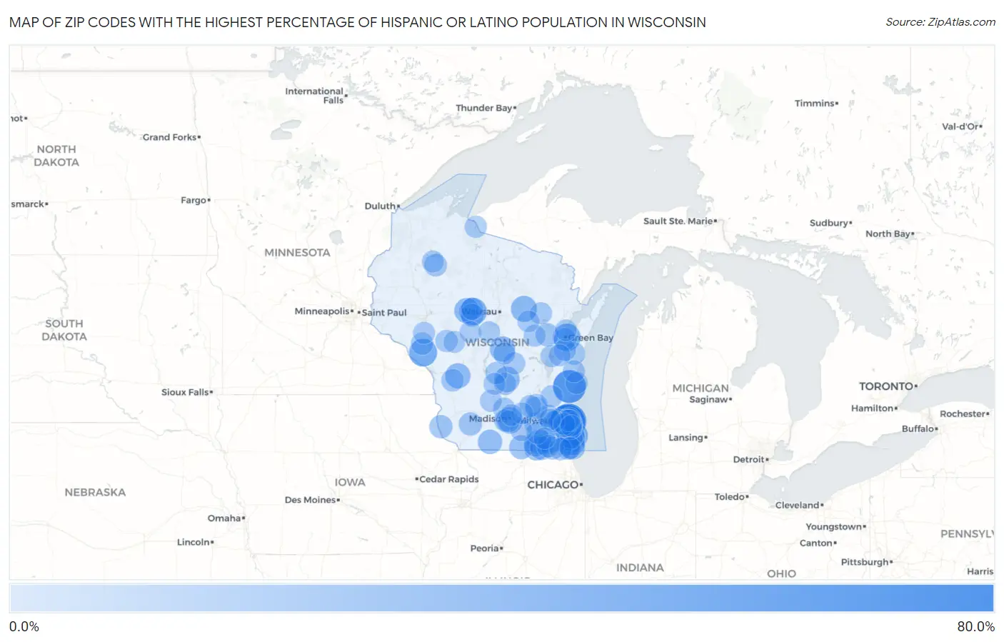 Zip Codes with the Highest Percentage of Hispanic or Latino Population in Wisconsin Map