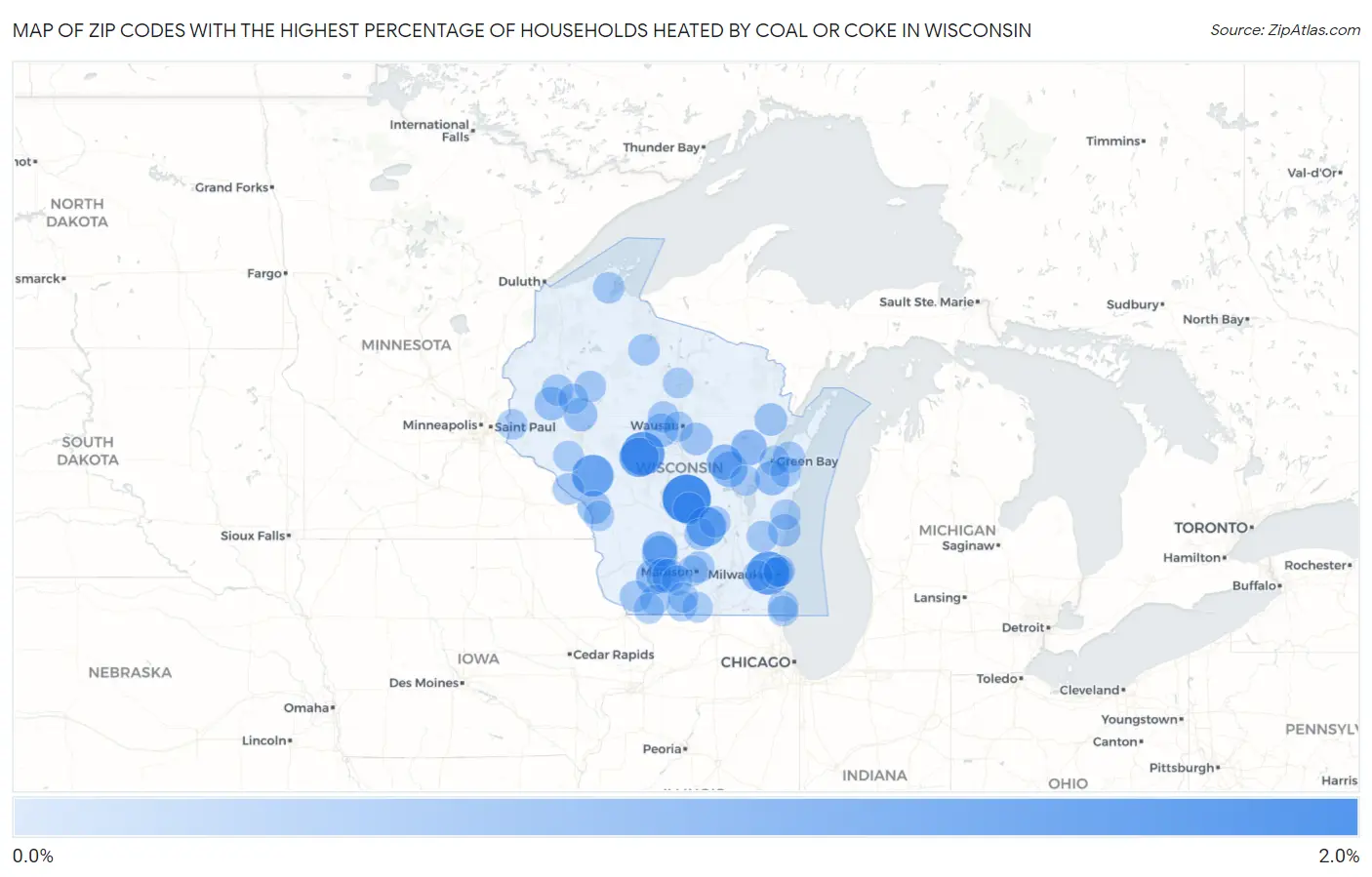Zip Codes with the Highest Percentage of Households Heated by Coal or Coke in Wisconsin Map