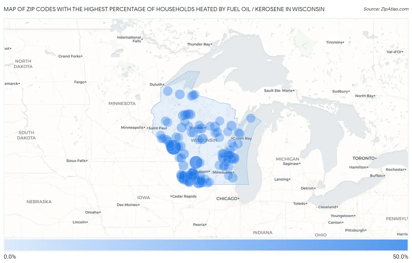 Zip Codes with the Highest Percentage of Households Heated by Fuel Oil / Kerosene in Wisconsin Map