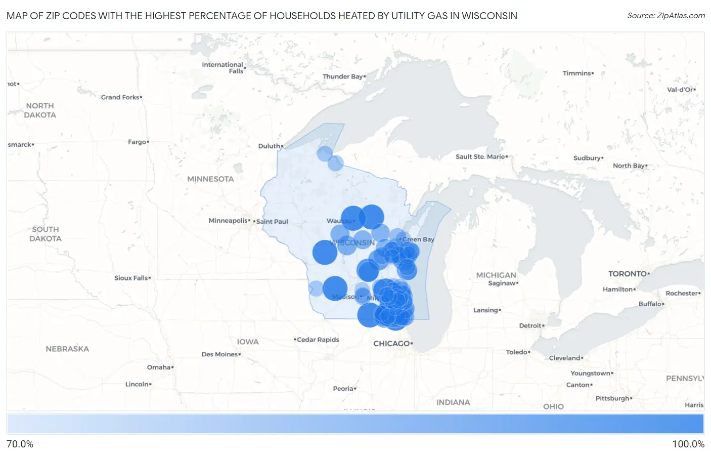 Zip Codes with the Highest Percentage of Households Heated by Utility Gas in Wisconsin Map