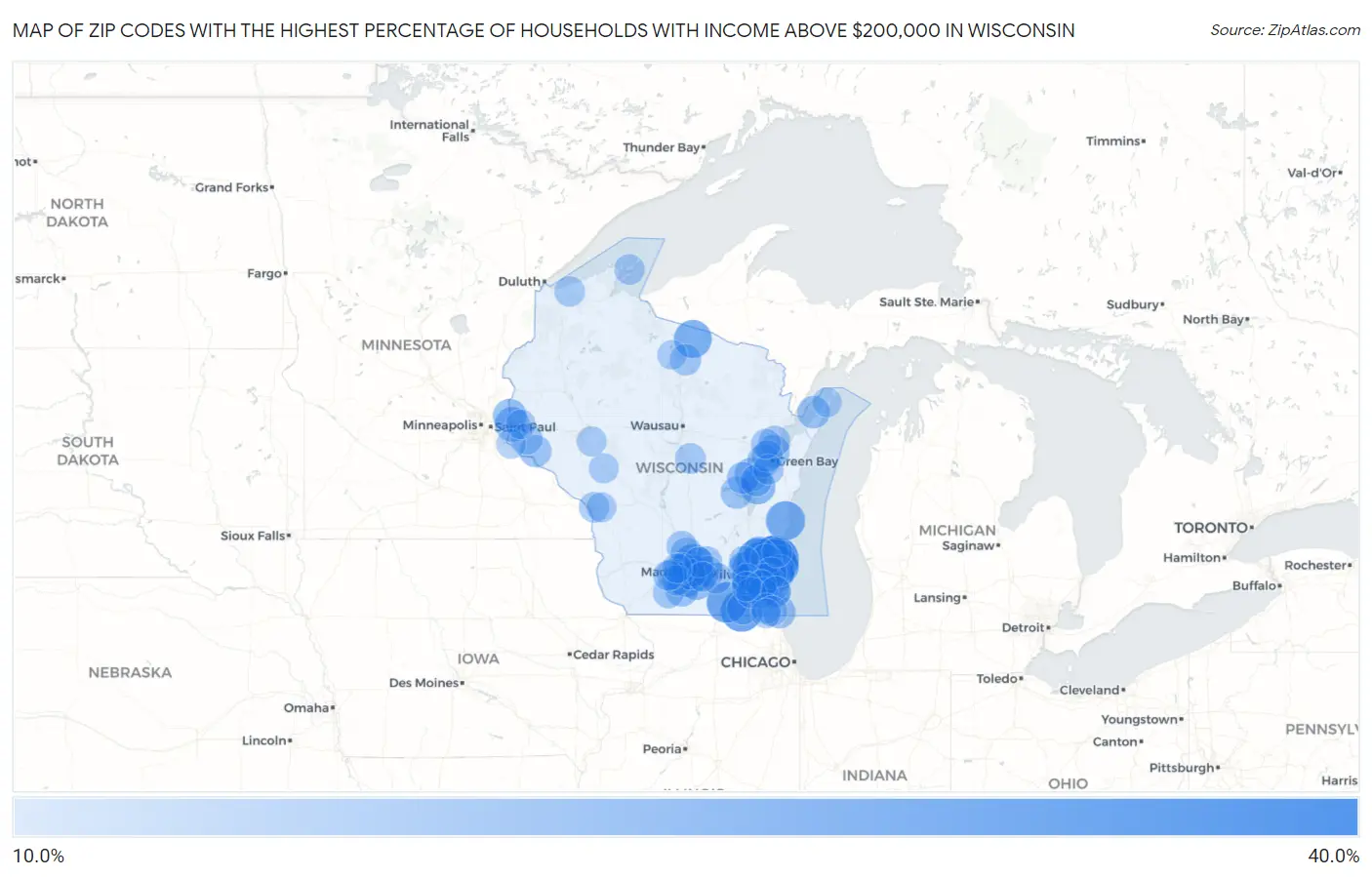 Zip Codes with the Highest Percentage of Households with Income Above $200,000 in Wisconsin Map