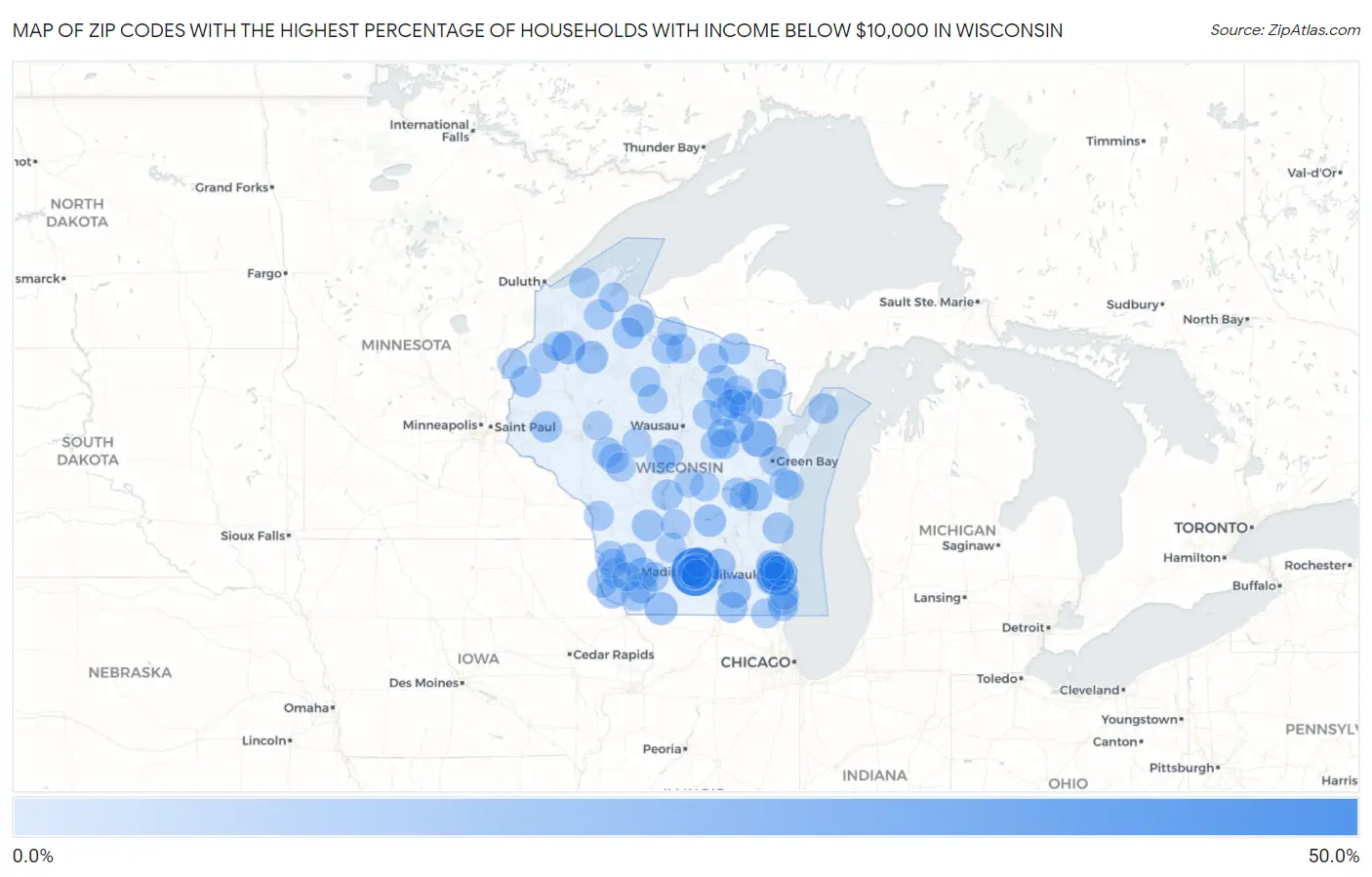Zip Codes with the Highest Percentage of Households with Income Below $10,000 in Wisconsin Map
