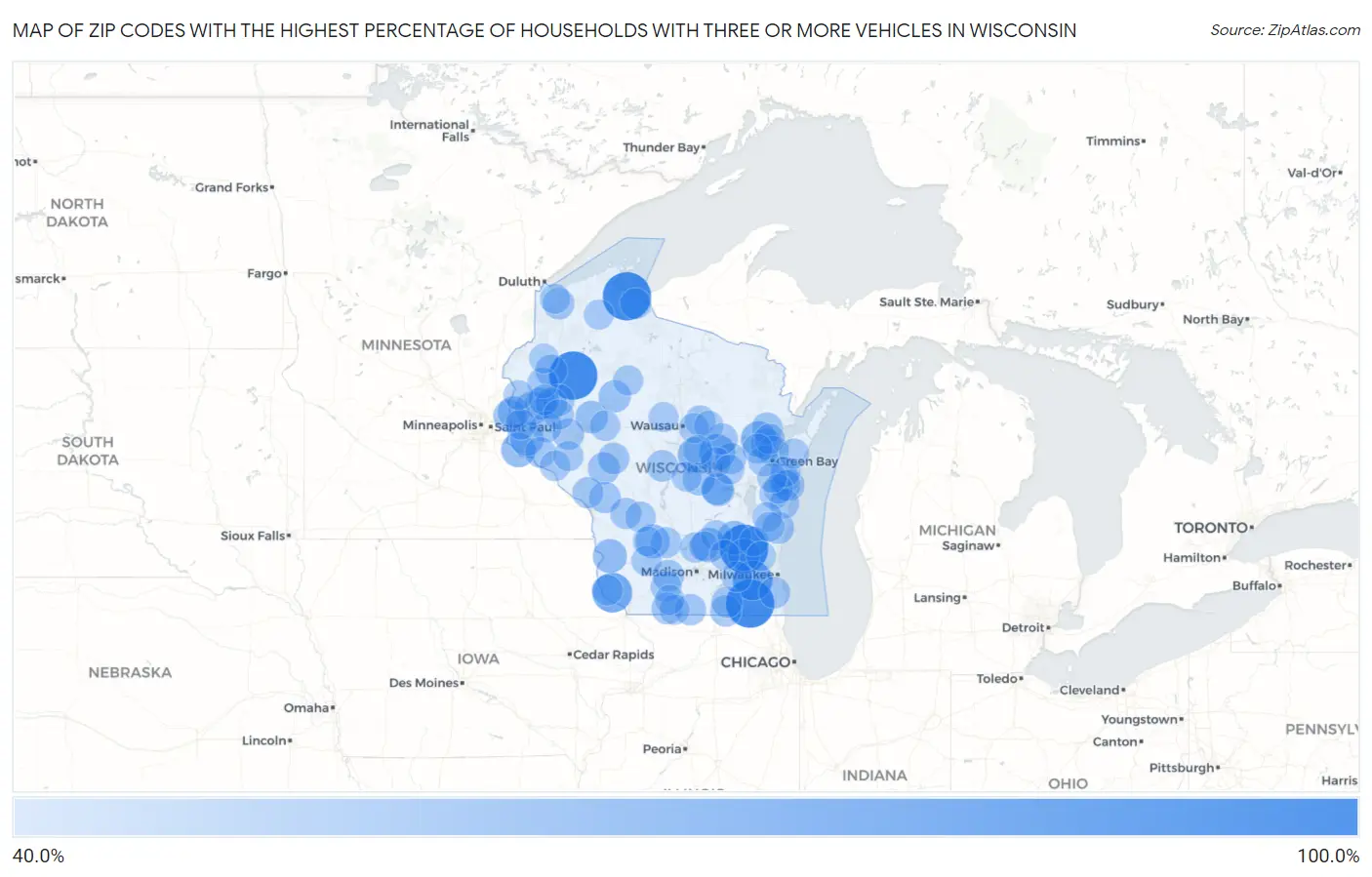 Zip Codes with the Highest Percentage of Households With Three or more Vehicles in Wisconsin Map