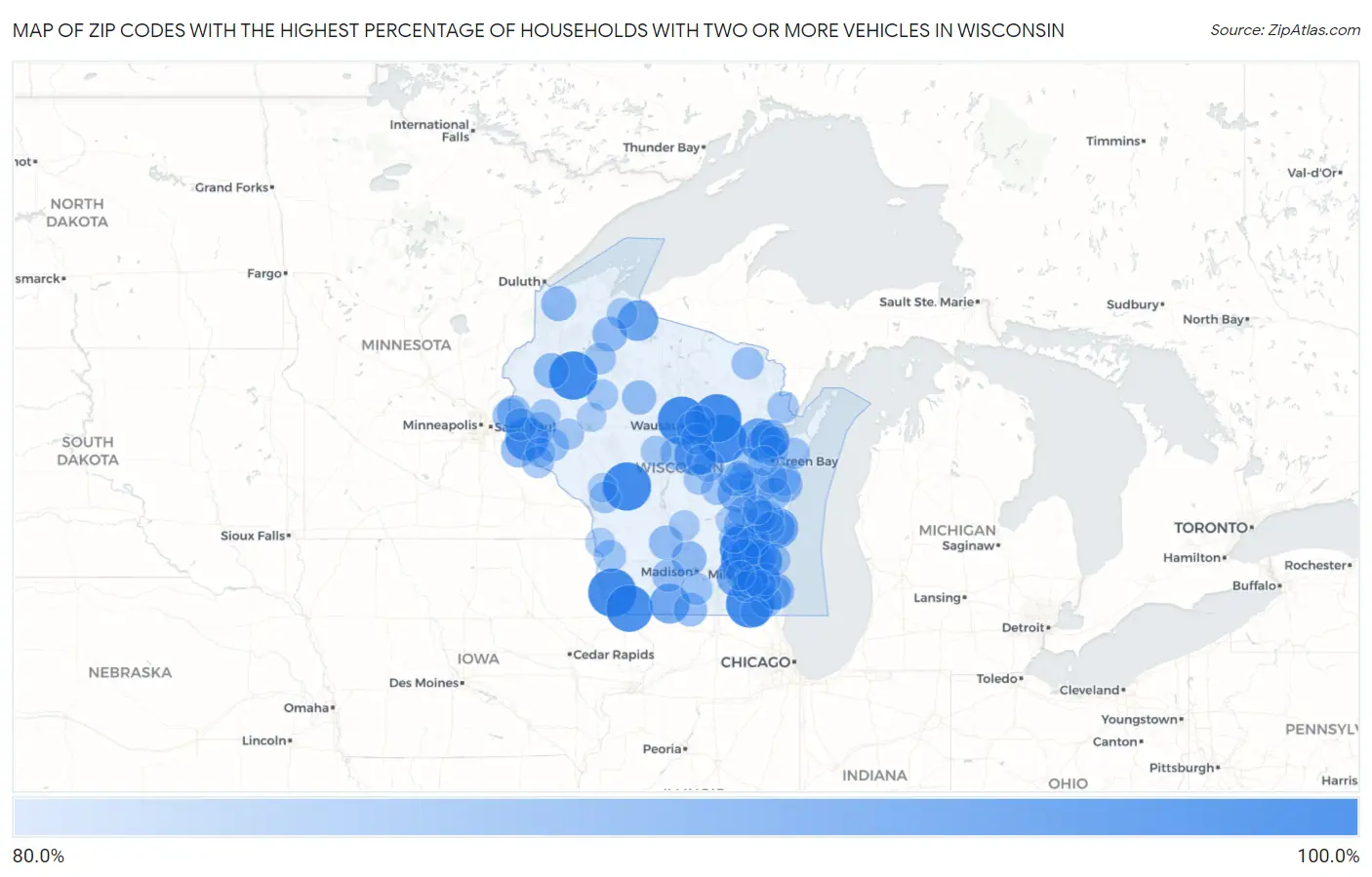 Zip Codes with the Highest Percentage of Households With Two or more Vehicles in Wisconsin Map