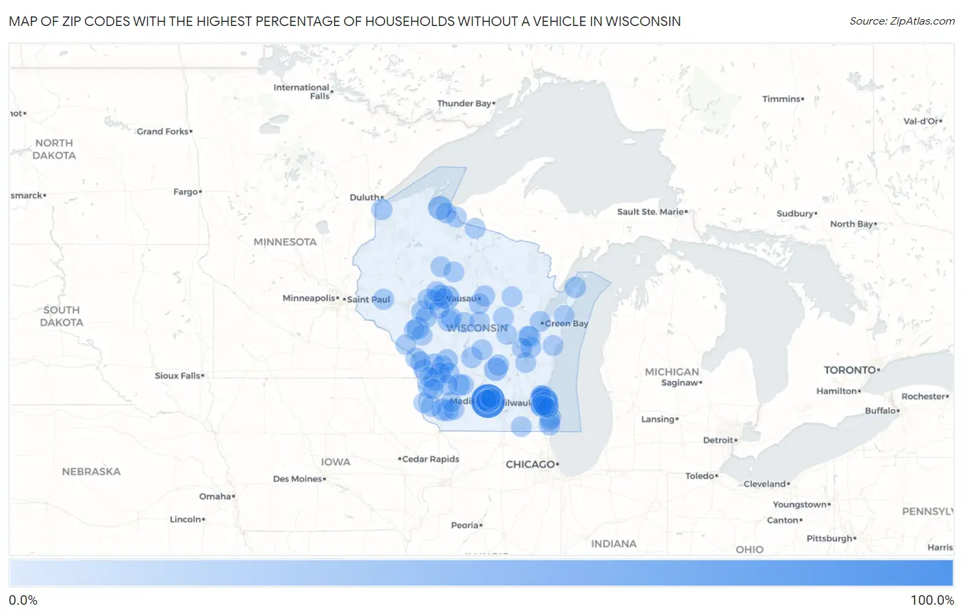 Zip Codes with the Highest Percentage of Households Without a Vehicle in Wisconsin Map