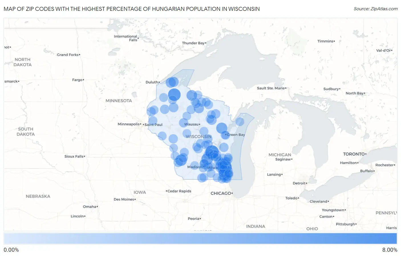 Zip Codes with the Highest Percentage of Hungarian Population in Wisconsin Map
