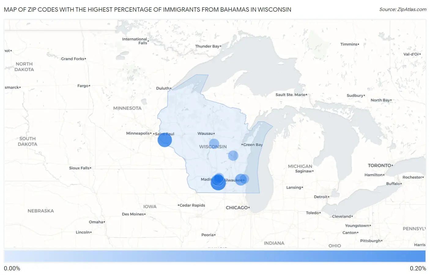 Zip Codes with the Highest Percentage of Immigrants from Bahamas in Wisconsin Map
