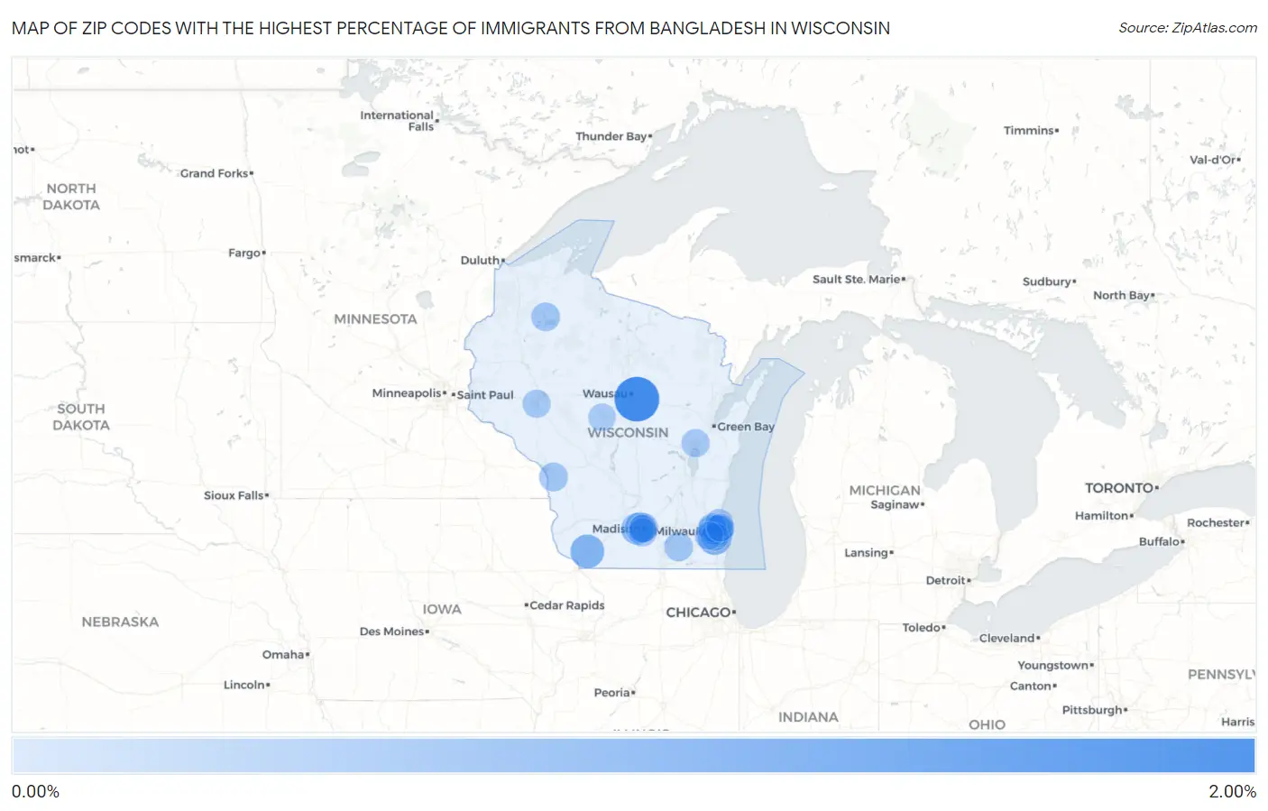 Zip Codes with the Highest Percentage of Immigrants from Bangladesh in Wisconsin Map