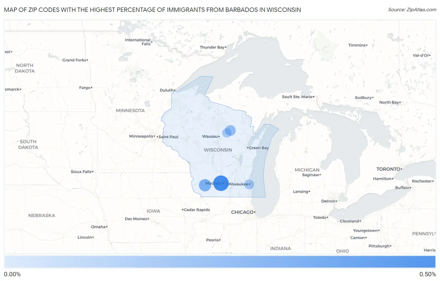 Zip Codes with the Highest Percentage of Immigrants from Barbados in Wisconsin Map