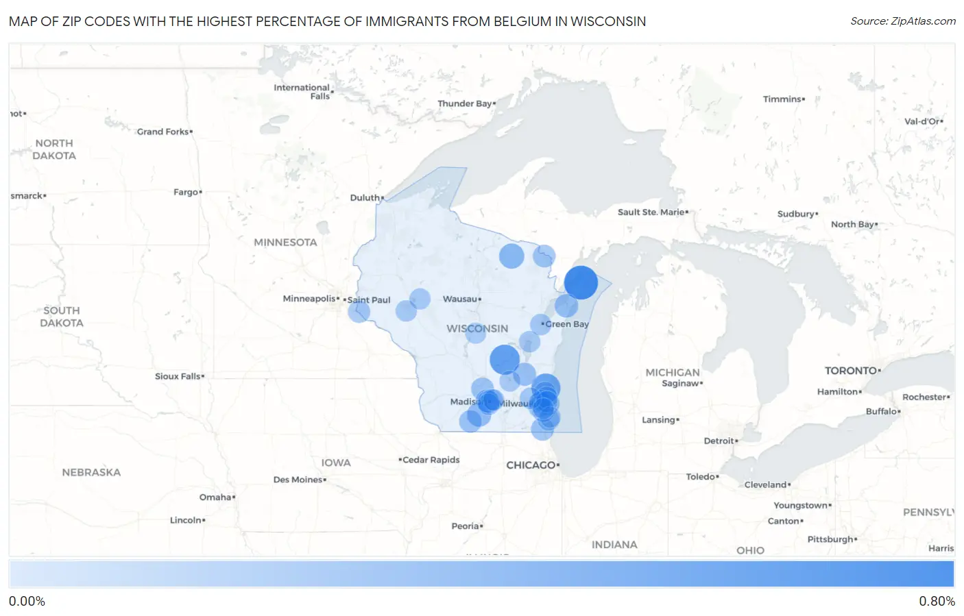 Zip Codes with the Highest Percentage of Immigrants from Belgium in Wisconsin Map