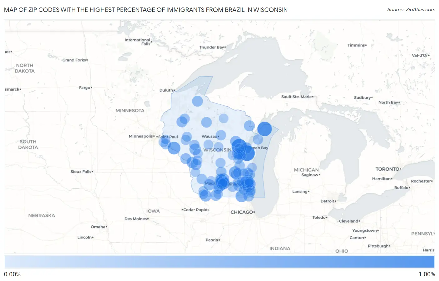 Zip Codes with the Highest Percentage of Immigrants from Brazil in Wisconsin Map