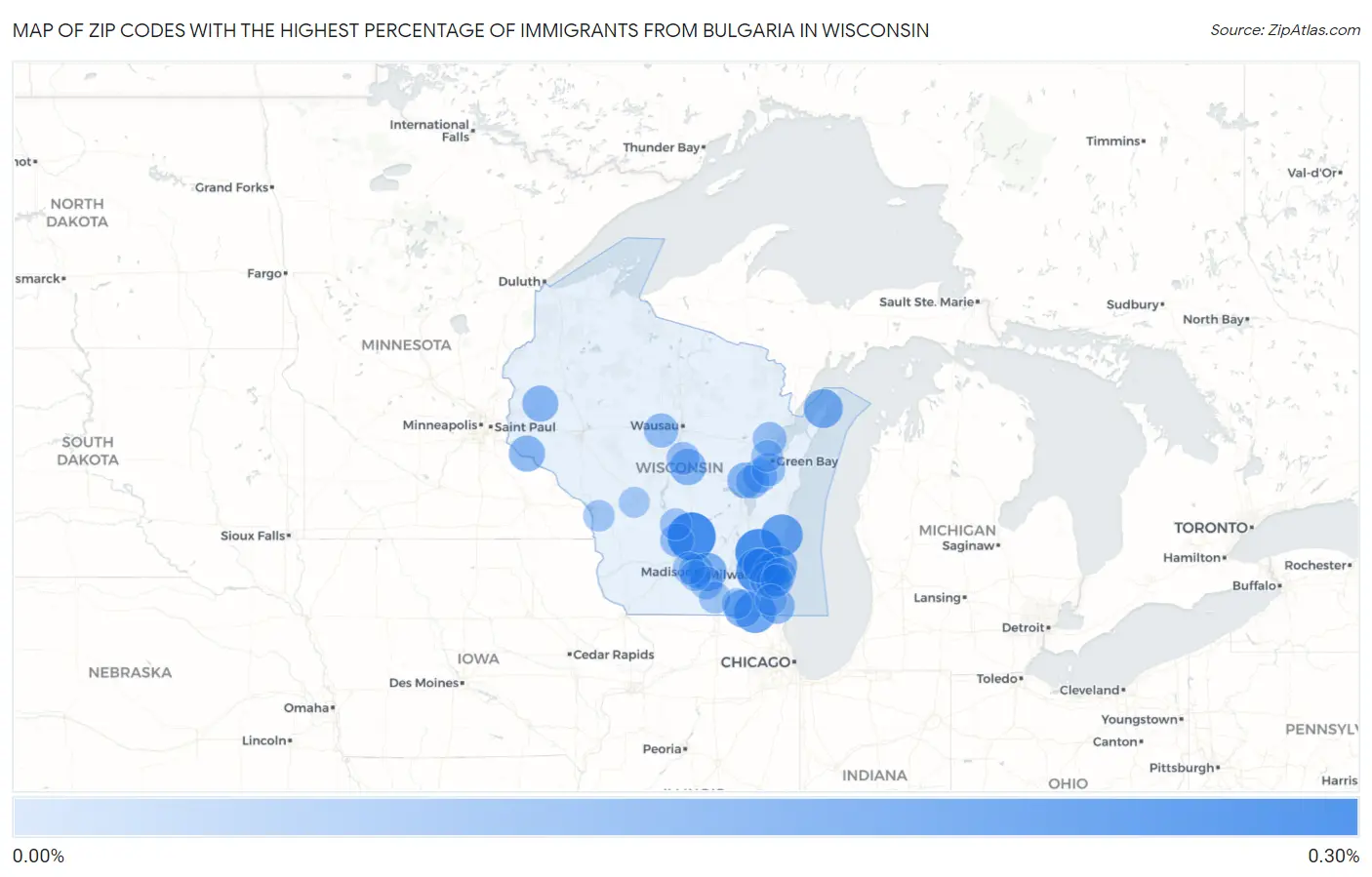 Zip Codes with the Highest Percentage of Immigrants from Bulgaria in Wisconsin Map