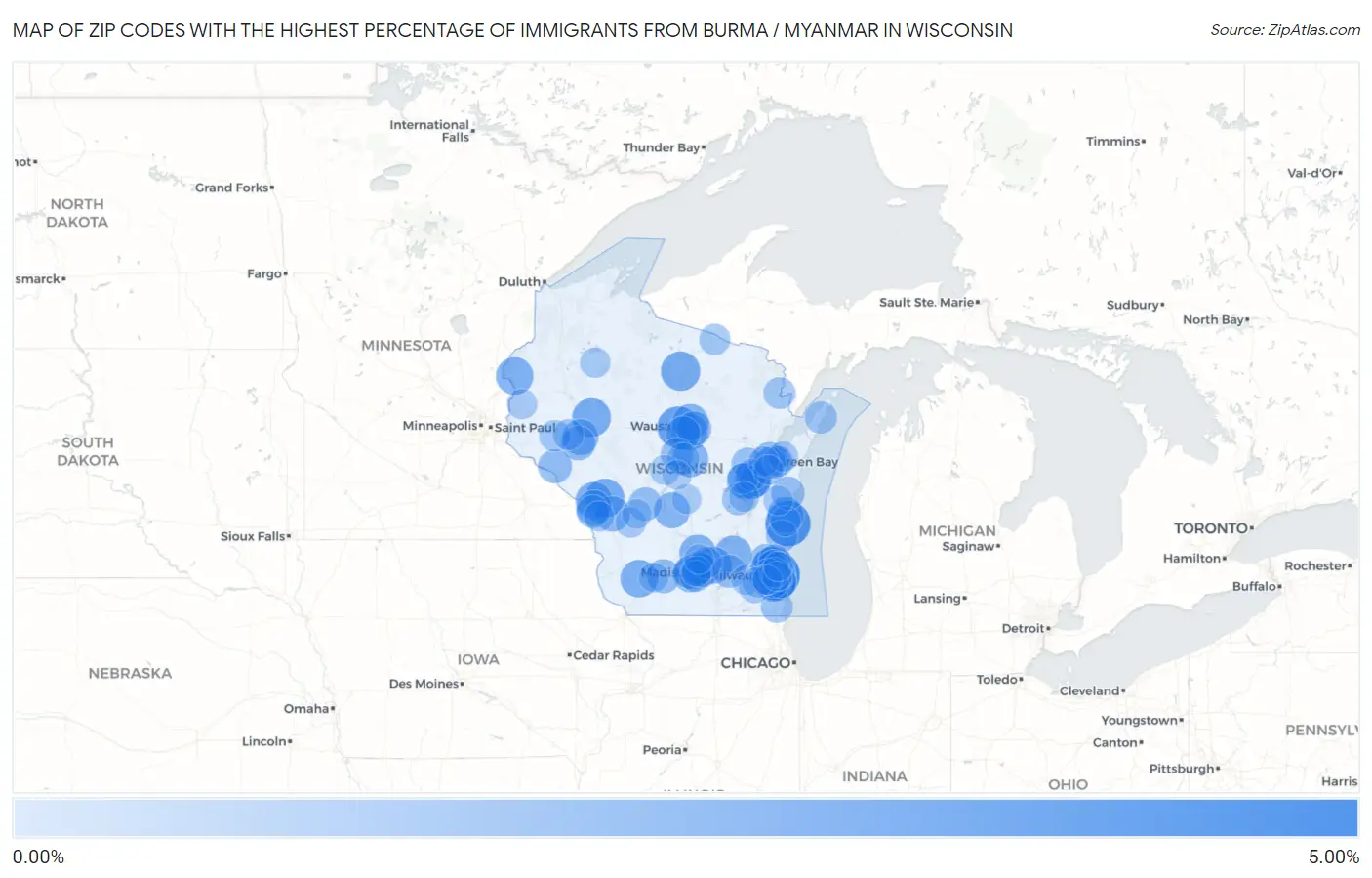 Zip Codes with the Highest Percentage of Immigrants from Burma / Myanmar in Wisconsin Map