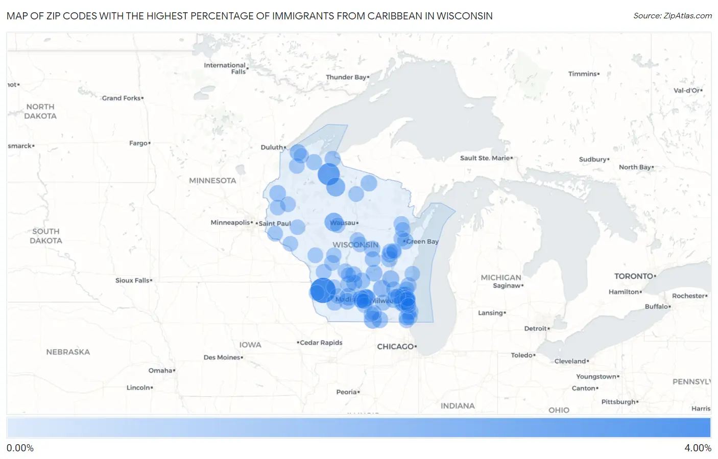Zip Codes with the Highest Percentage of Immigrants from Caribbean in Wisconsin Map