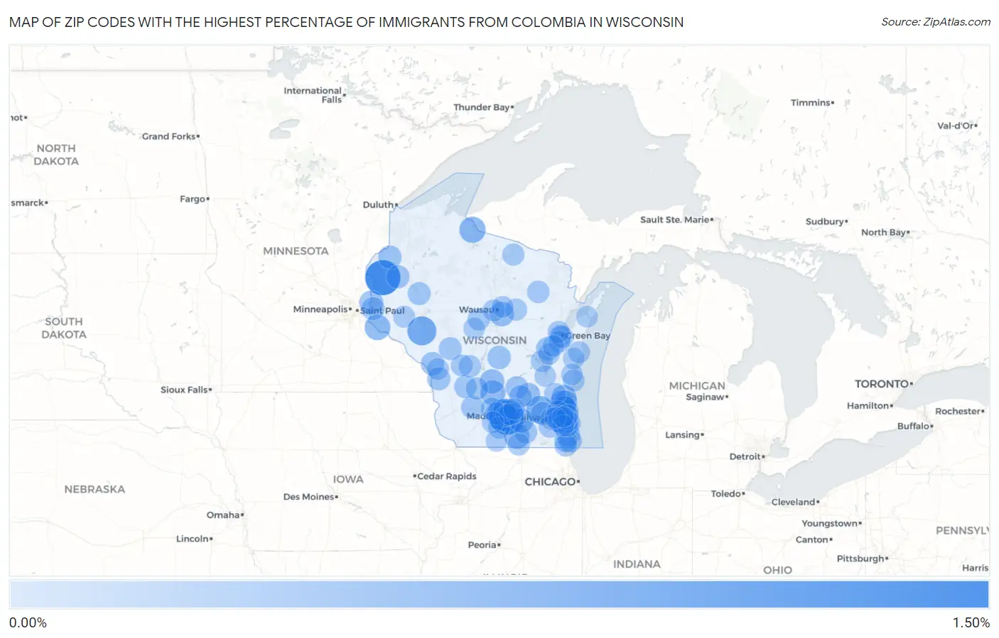Zip Codes with the Highest Percentage of Immigrants from Colombia in Wisconsin Map