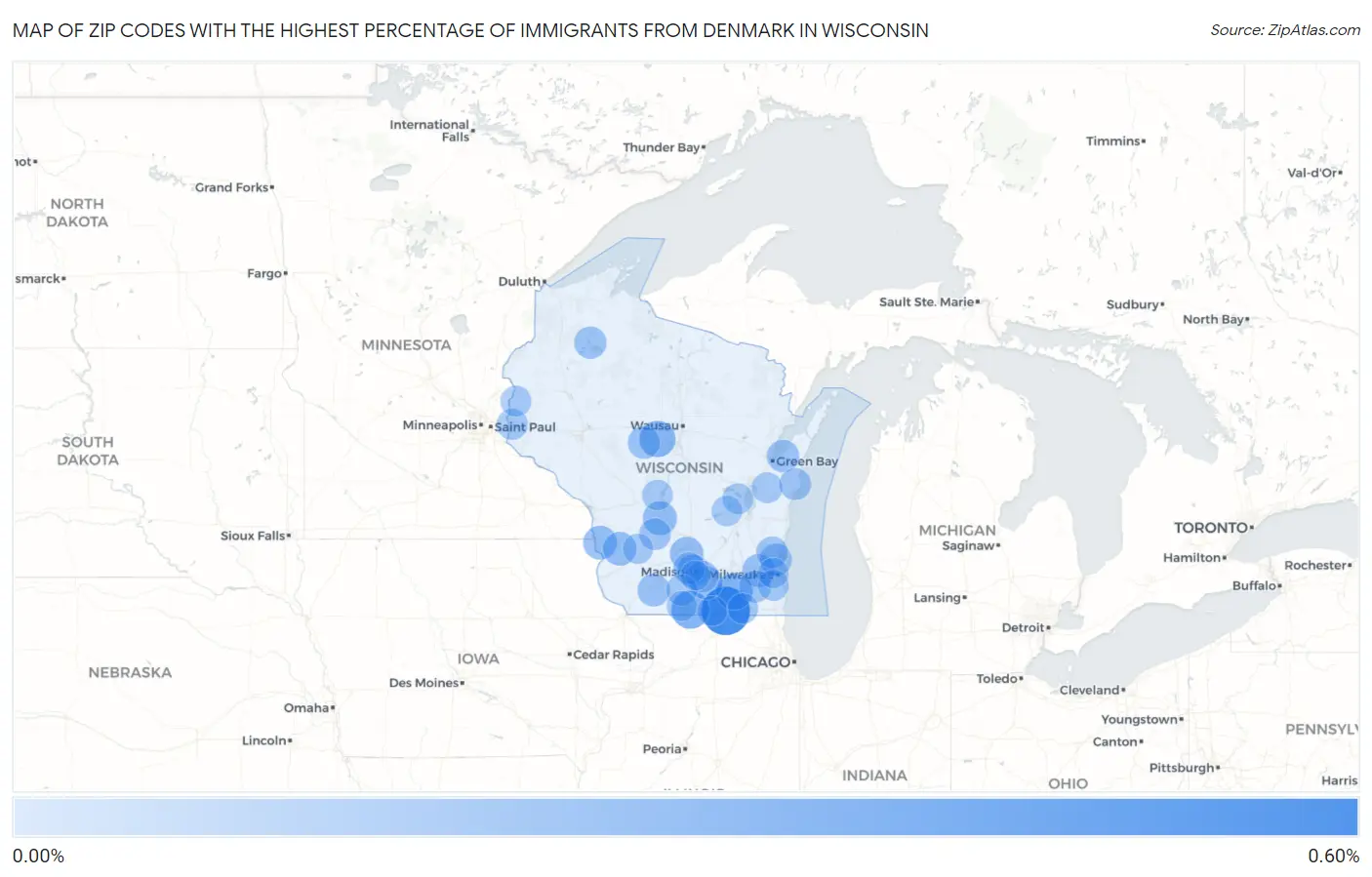 Zip Codes with the Highest Percentage of Immigrants from Denmark in Wisconsin Map