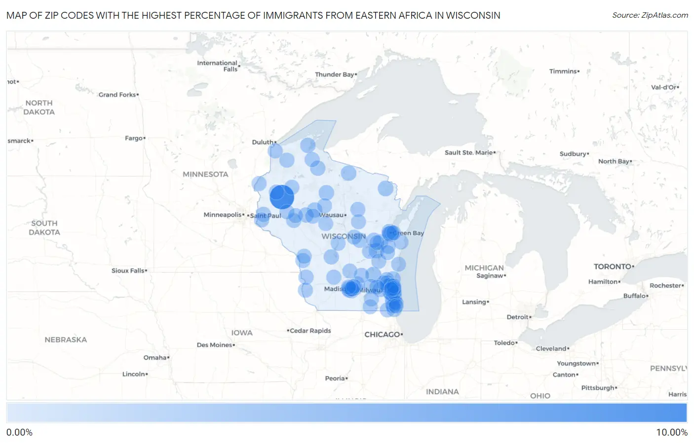 Zip Codes with the Highest Percentage of Immigrants from Eastern Africa in Wisconsin Map