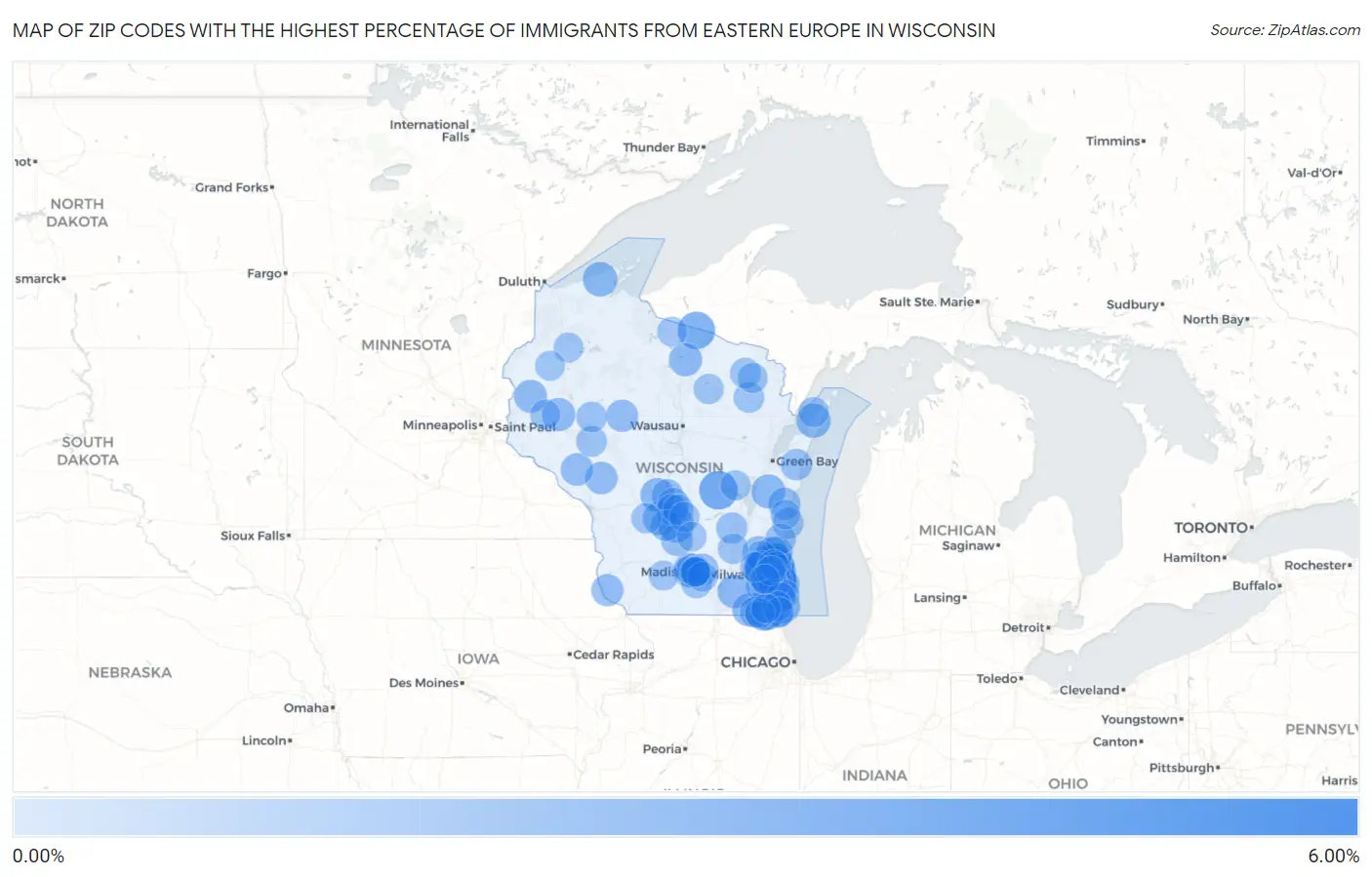 Zip Codes with the Highest Percentage of Immigrants from Eastern Europe in Wisconsin Map